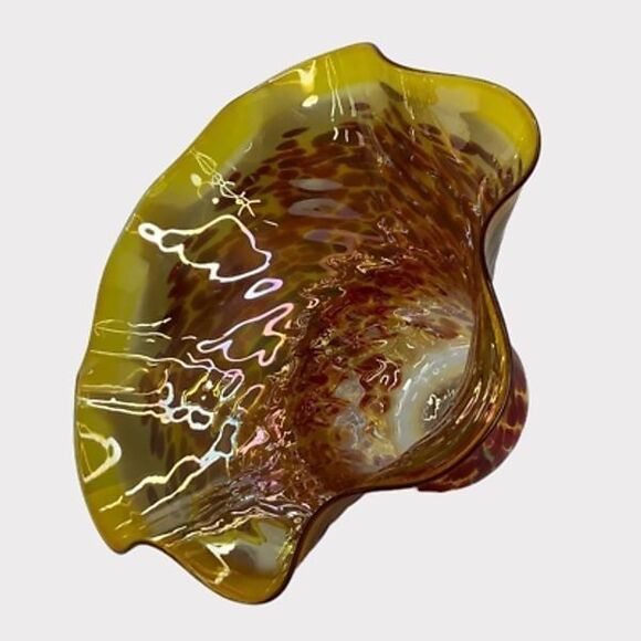 Wimberley Glass Works Art Bowl Vase Ruffled Scalloped Edges Amber Red Signed New - Picture 1 of 12